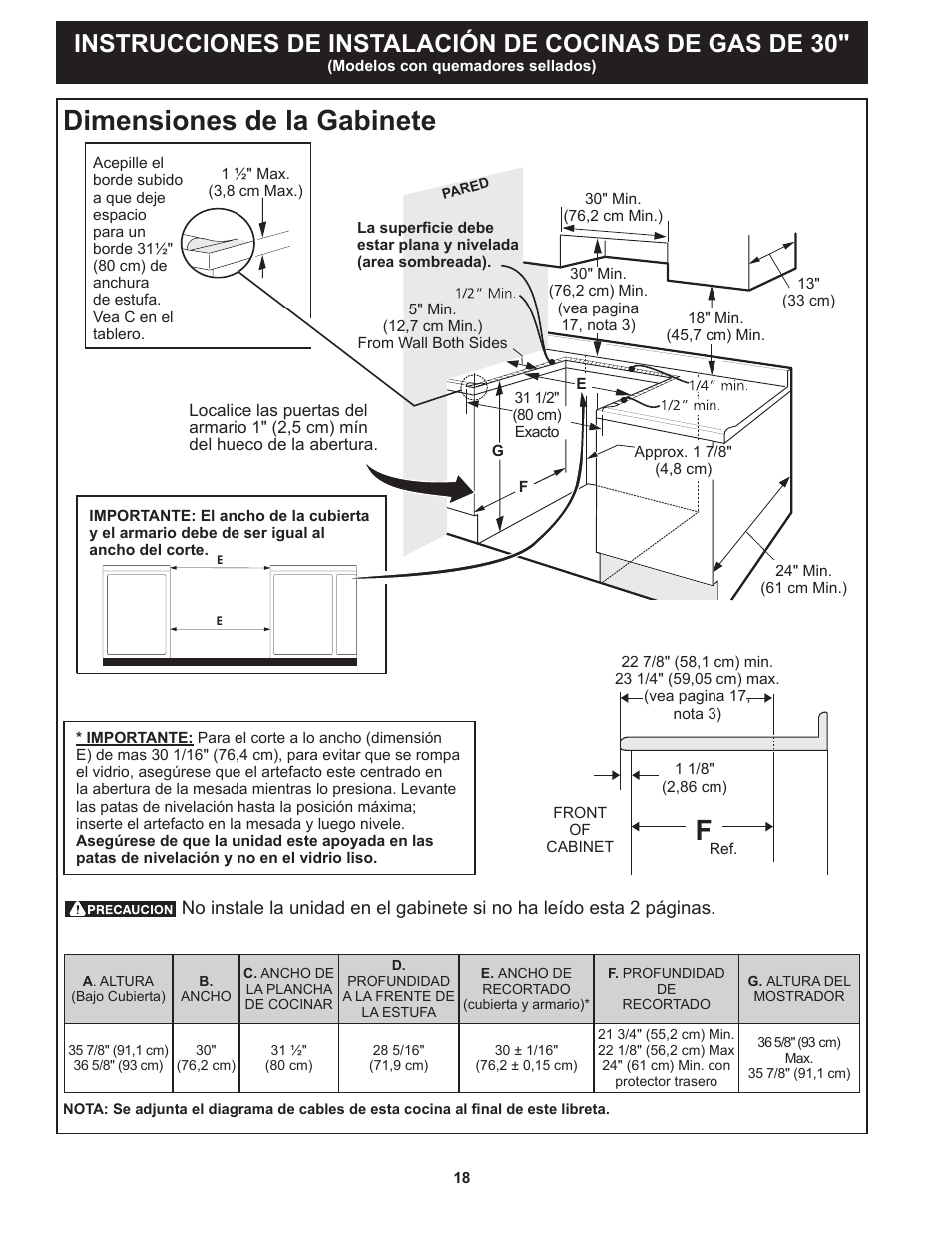 Dimensiones de la gabinete | FRIGIDAIRE FGGS3065PF User Manual | Page 18 / 44