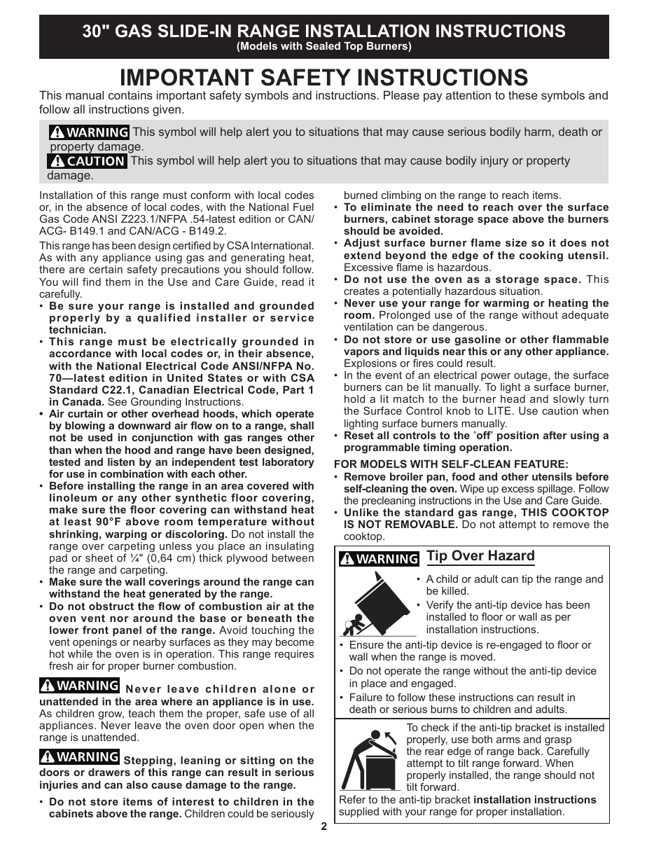 Important safety instructions, 30" gas slide-in range installation instructions, Tip over hazard | FRIGIDAIRE FGGS3065PF User Manual | Page 2 / 44