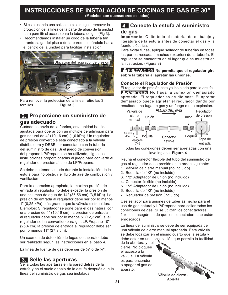 Conecte la estufa al suministro de gas, Proporcione un suministro de gas adecuado, Selle las aperturas | FRIGIDAIRE FGGS3065PF User Manual | Page 21 / 44