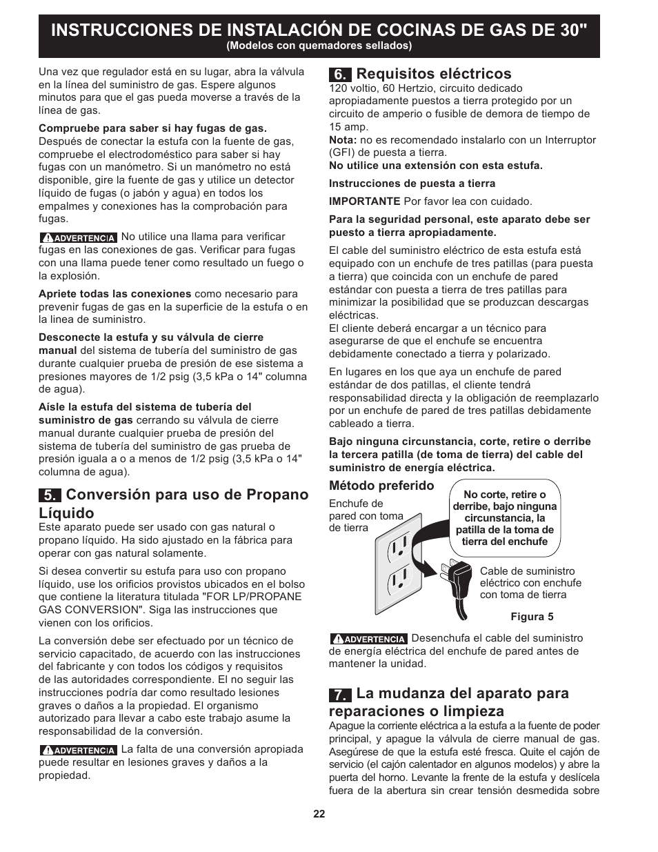 Requisitos eléctricos, Conversión para uso de propano líquido | FRIGIDAIRE FGGS3065PF User Manual | Page 22 / 44