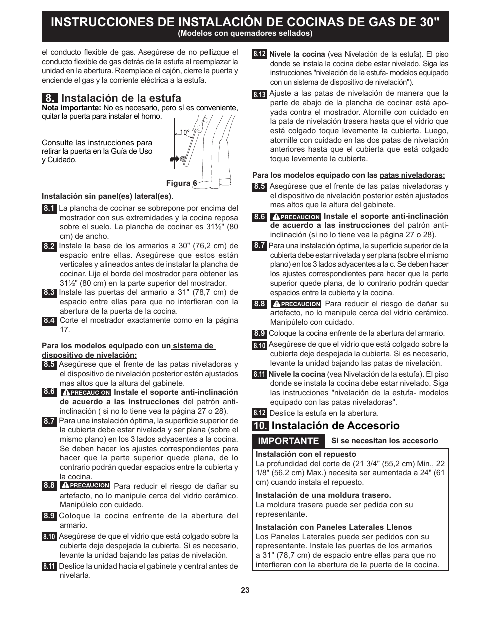 Instalación de la estufa, Instalación de accesorio | FRIGIDAIRE FGGS3065PF User Manual | Page 23 / 44