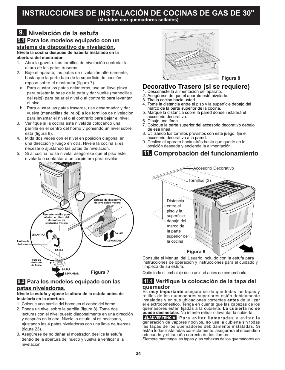 Decorativo trasero (si se requiere), Comprobación del funcionamiento, Nivelación de la estufa | FRIGIDAIRE FGGS3065PF User Manual | Page 24 / 44