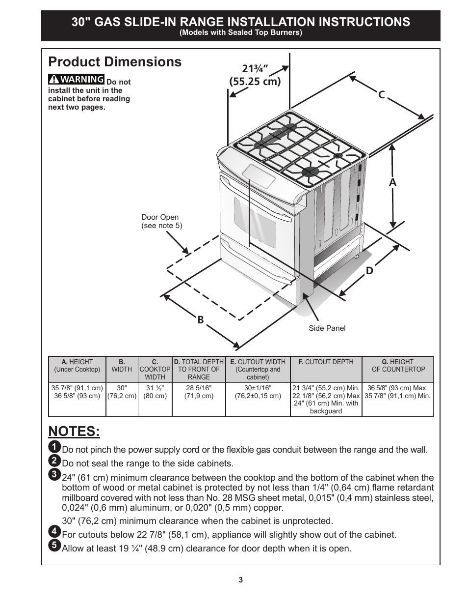 Product dimensions, 30" gas slide-in range installation instructions | FRIGIDAIRE FGGS3065PF User Manual | Page 3 / 44