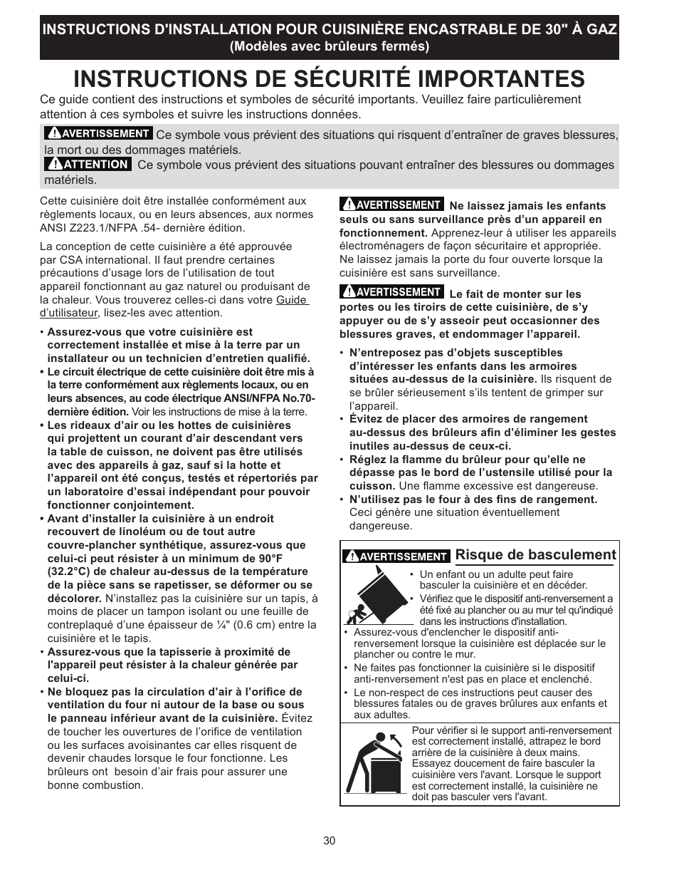 Instructions de sécurité importantes, Risque de basculement | FRIGIDAIRE FGGS3065PF User Manual | Page 30 / 44