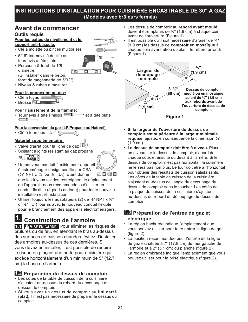 Avant de commencer, Construction de l’armoire | FRIGIDAIRE FGGS3065PF User Manual | Page 34 / 44
