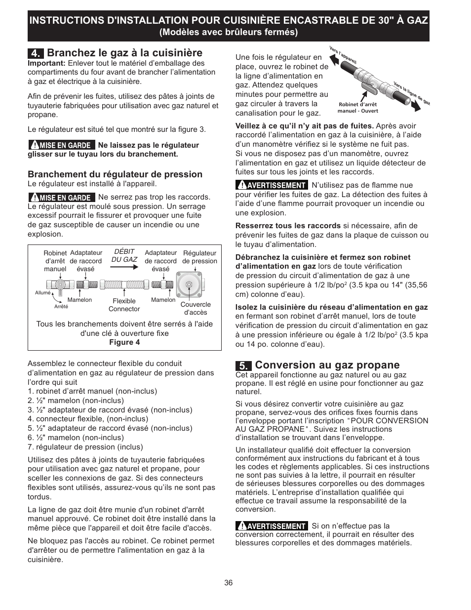 Branchez le gaz à la cuisinière, Conversion au gaz propane, Modèles avec brûleurs fermés) | Branchement du régulateur de pression | FRIGIDAIRE FGGS3065PF User Manual | Page 36 / 44