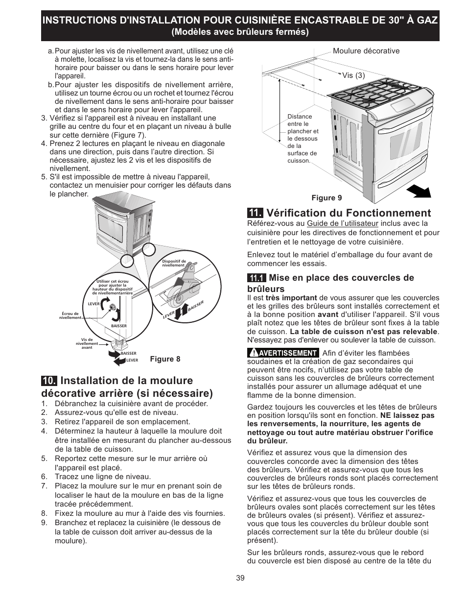 Vérification du fonctionnement, Modèles avec brûleurs fermés), 1 mise en place des couvercles de brûleurs | FRIGIDAIRE FGGS3065PF User Manual | Page 39 / 44