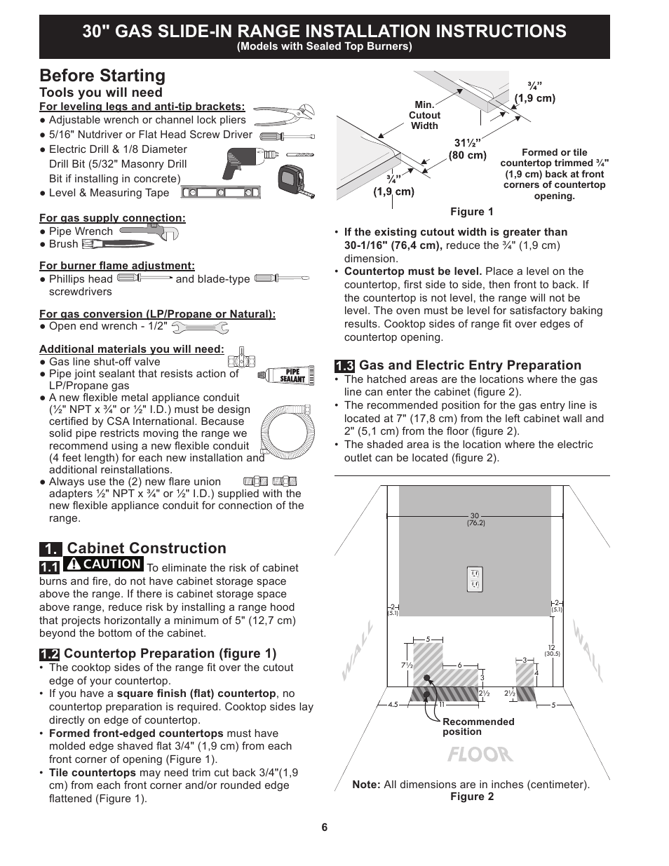 Wall w all, 30" gas slide-in range installation instructions, Before starting | Cabinet construction | FRIGIDAIRE FGGS3065PF User Manual | Page 6 / 44