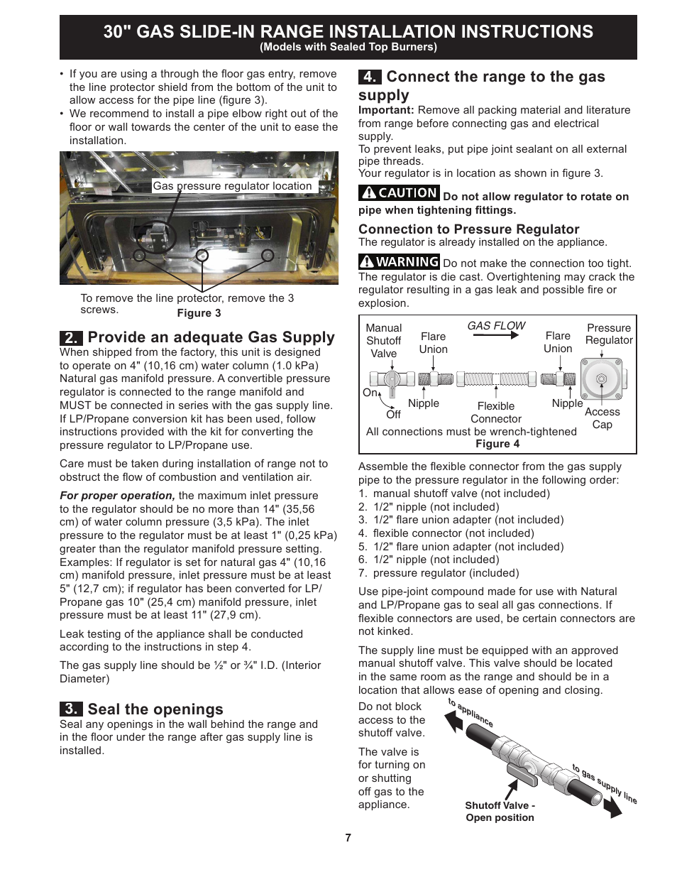 30" gas slide-in range installation instructions, Provide an adequate gas supply, Seal the openings | Connect the range to the gas supply | FRIGIDAIRE FGGS3065PF User Manual | Page 7 / 44