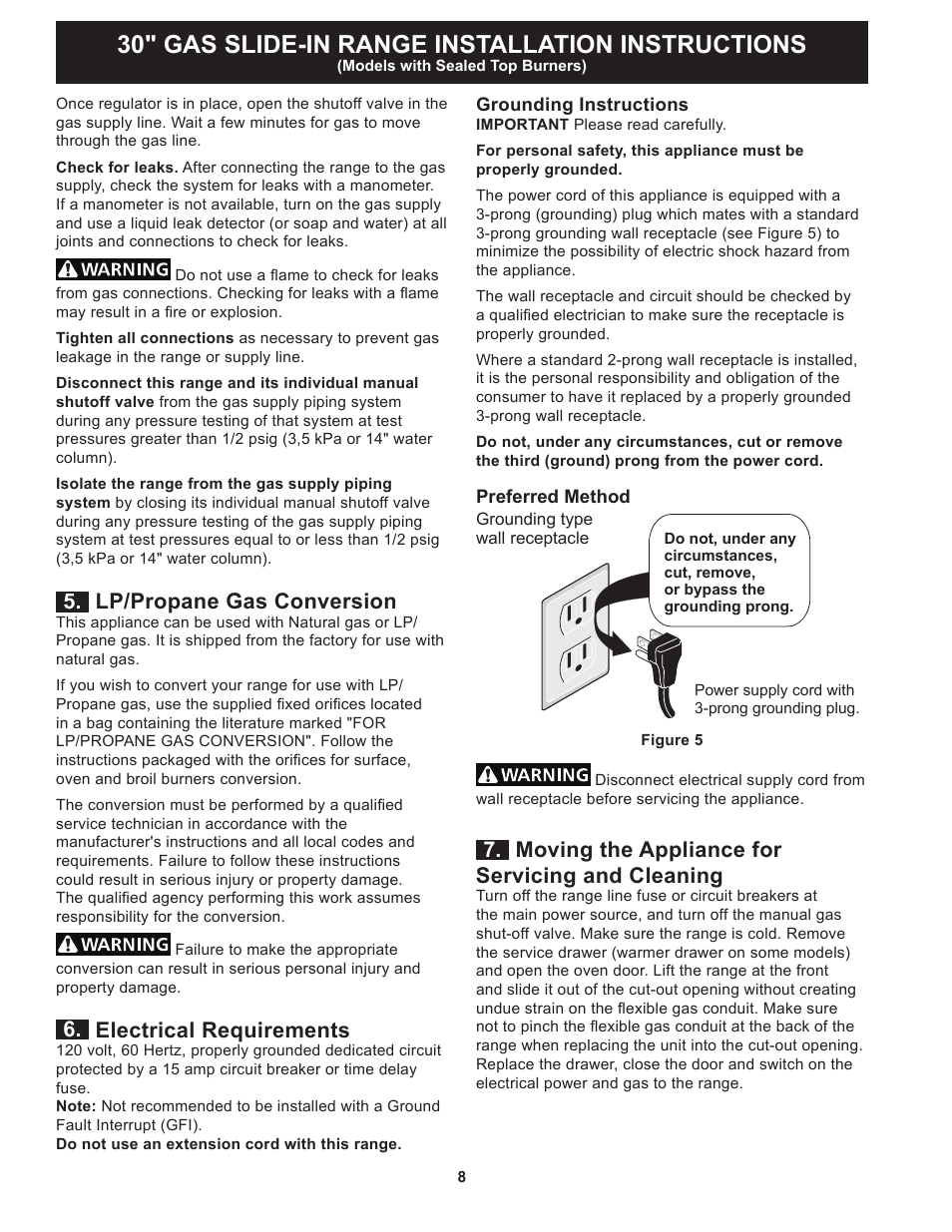 30" gas slide-in range installation instructions, Lp/propane gas conversion, Electrical requirements | Moving the appliance for servicing and cleaning | FRIGIDAIRE FGGS3065PF User Manual | Page 8 / 44