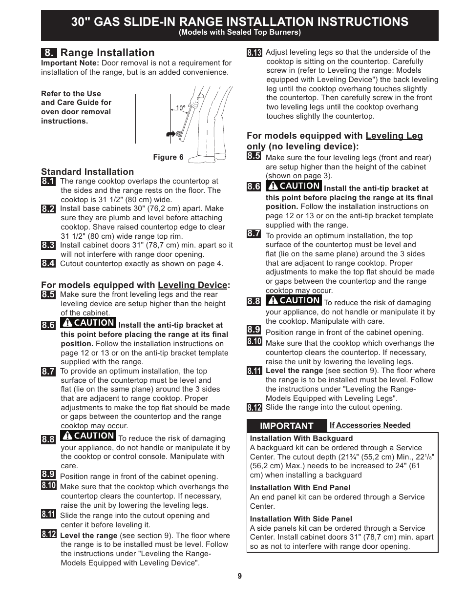 30" gas slide-in range installation instructions, Range installation | FRIGIDAIRE FGGS3065PF User Manual | Page 9 / 44