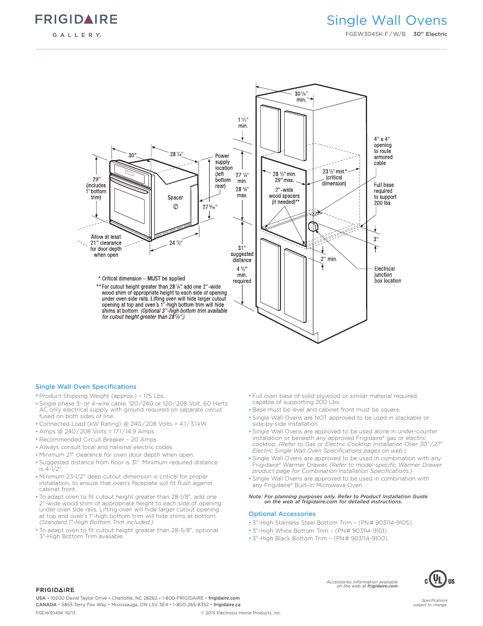 30" single electric wall oven gallery, Single wall ovens | FRIGIDAIRE FGEW3045KW User Manual | Page 3 / 7