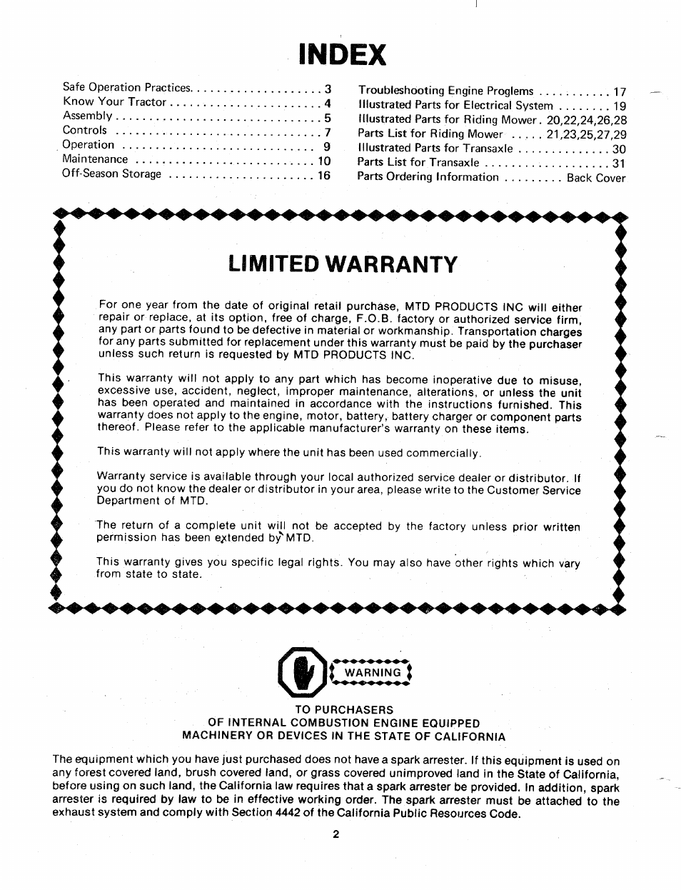 Index, Limited warranty | Bolens 131-730A User Manual | Page 2 / 32