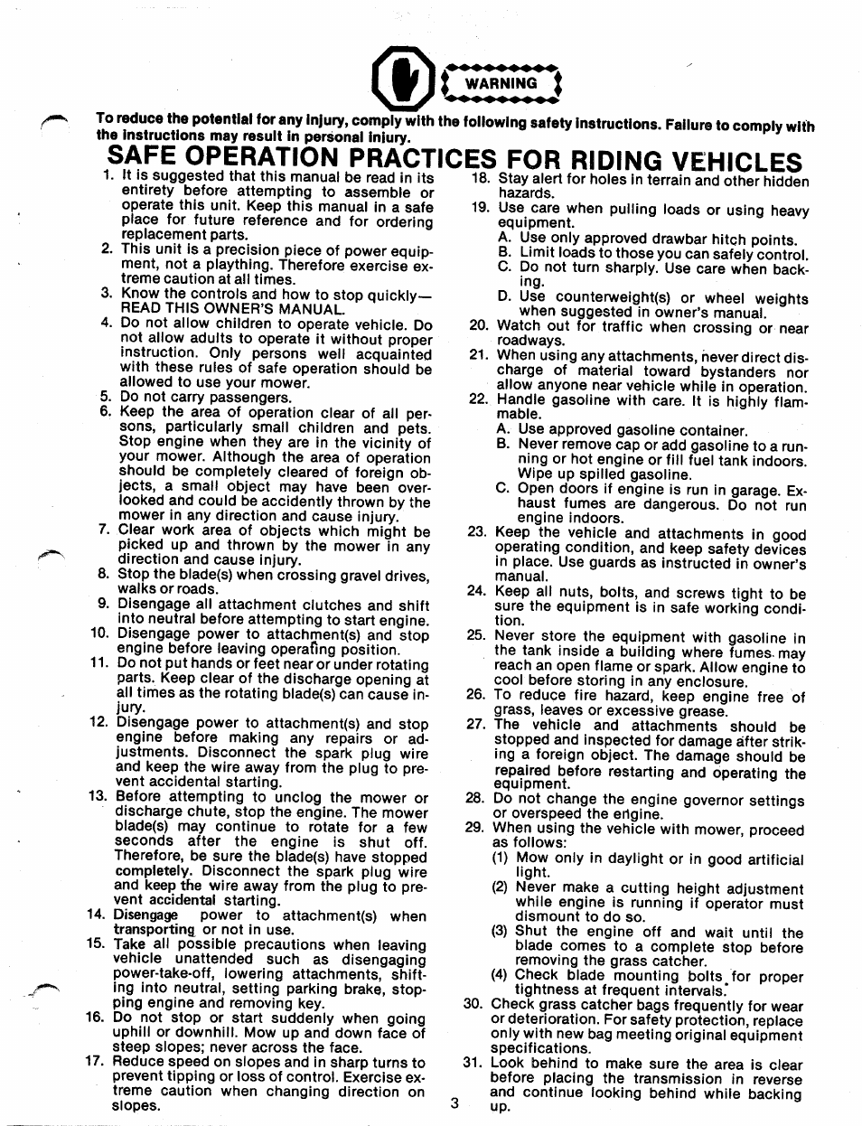 I warning, Safe operation practices for riding vehicles | Bolens 131-730A User Manual | Page 3 / 32