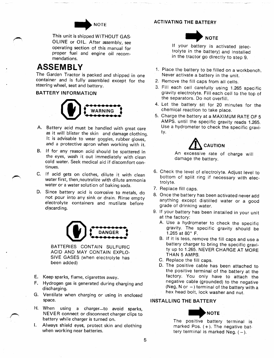 Warning, Danger, Activating the battery | Installing the battery, Assembly | Bolens 131-730A User Manual | Page 5 / 32