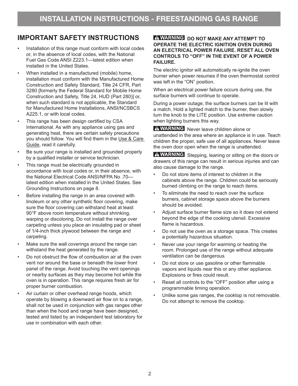 Installation instructions - freestanding gas range, Important safety instructions | FRIGIDAIRE FFGF3053LS User Manual | Page 2 / 32