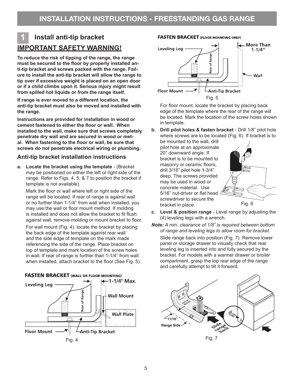 Installation instructions - freestanding gas range, Install anti-tip bracket important safety warning | FRIGIDAIRE FFGF3053LS User Manual | Page 5 / 32