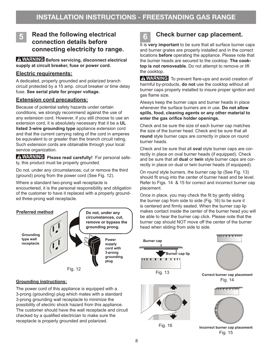 Installation instructions - freestanding gas range, Check burner cap placement | FRIGIDAIRE FFGF3053LS User Manual | Page 8 / 32