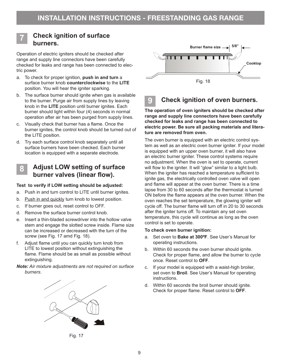 Installation instructions - freestanding gas range, Check ignition of oven burners, Check ignition of surface burners | FRIGIDAIRE FFGF3053LS User Manual | Page 9 / 32