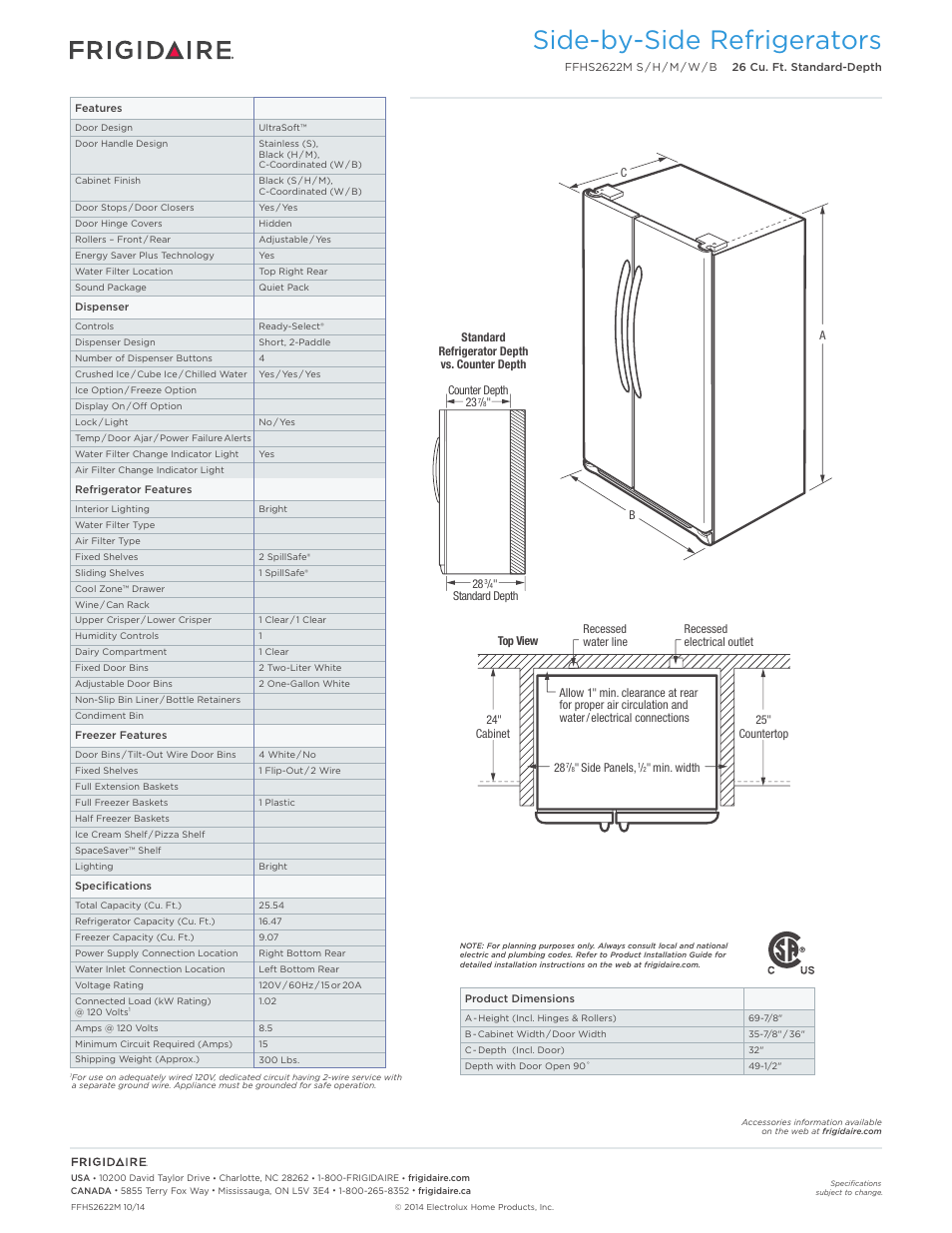 Side-by-side refrigerators | FRIGIDAIRE FFHS2622MB User Manual | Page 2 / 4