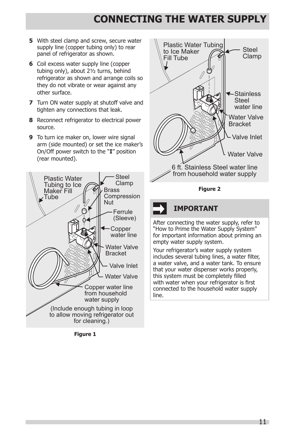 Connecting the water supply, 11 important | FRIGIDAIRE FFSC2323LE User Manual | Page 11 / 27