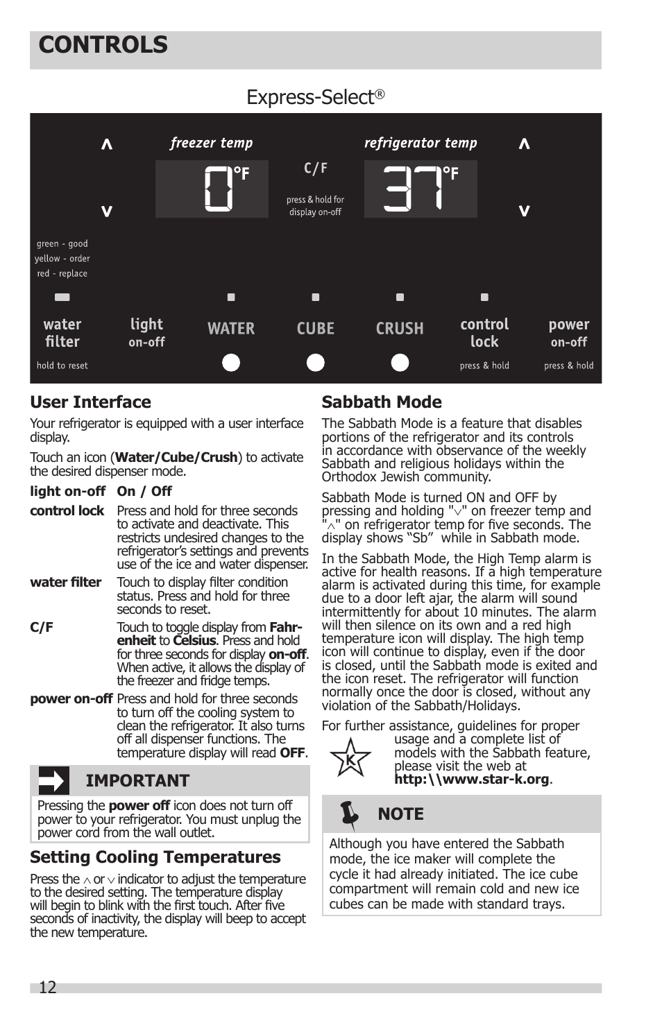 Controls, Express-select, 12 user interface | Important, Setting cooling temperatures, Sabbath mode | FRIGIDAIRE FFSC2323LE User Manual | Page 12 / 27