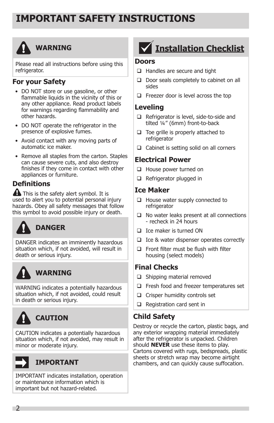 Important safety instructions, Installation checklist, Warning | Important, Danger, Definitions, Doors, Leveling, Electrical power, Ice maker | FRIGIDAIRE FFSC2323LE User Manual | Page 2 / 27