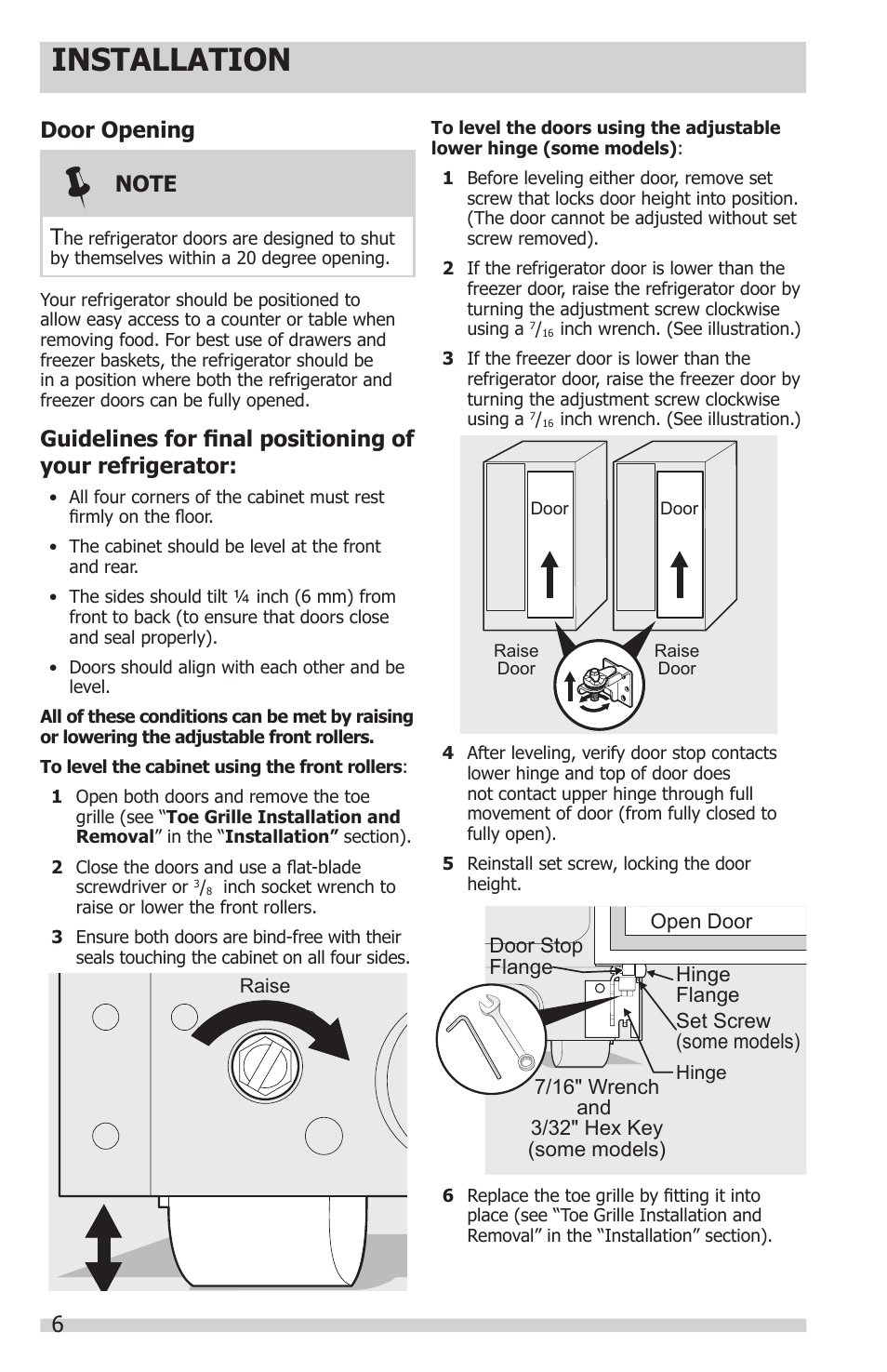 Installation, Door opening | FRIGIDAIRE FFSC2323LE User Manual | Page 6 / 27