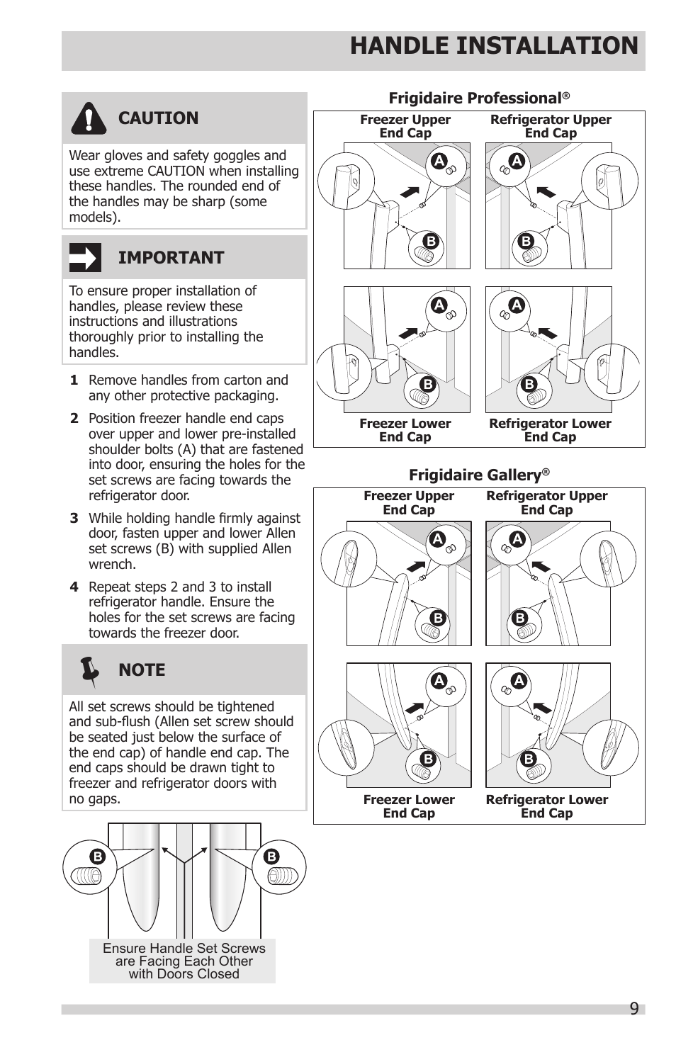 Handle installation, Important, Caution | FRIGIDAIRE FFSC2323LE User Manual | Page 9 / 27