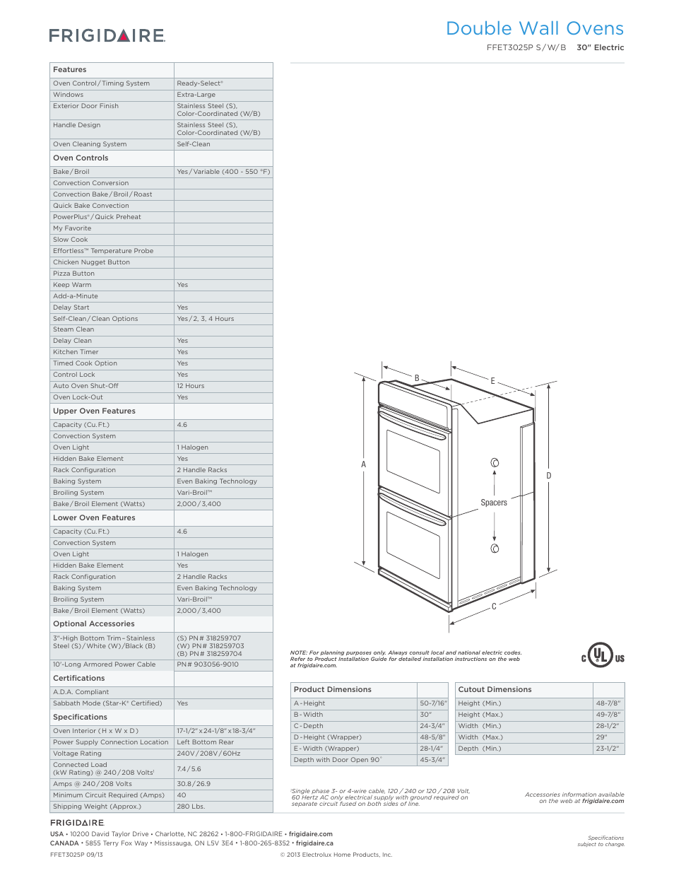 Double electric wall ovens frigidaire baseline, Double wall ovens | FRIGIDAIRE FFET3025PW User Manual | Page 2 / 7