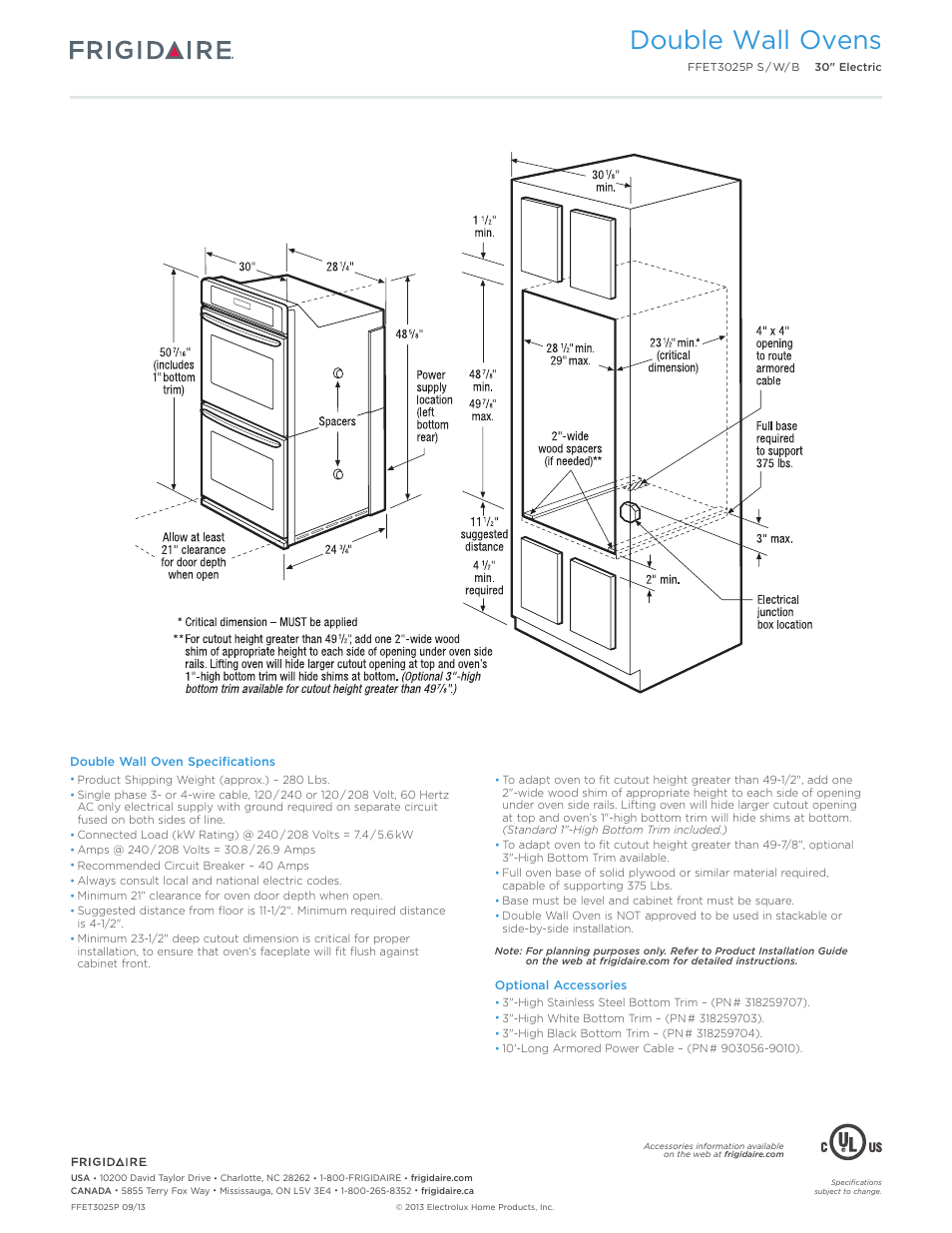 30" double electric wall oven baseline, Double wall ovens | FRIGIDAIRE FFET3025PW User Manual | Page 3 / 7