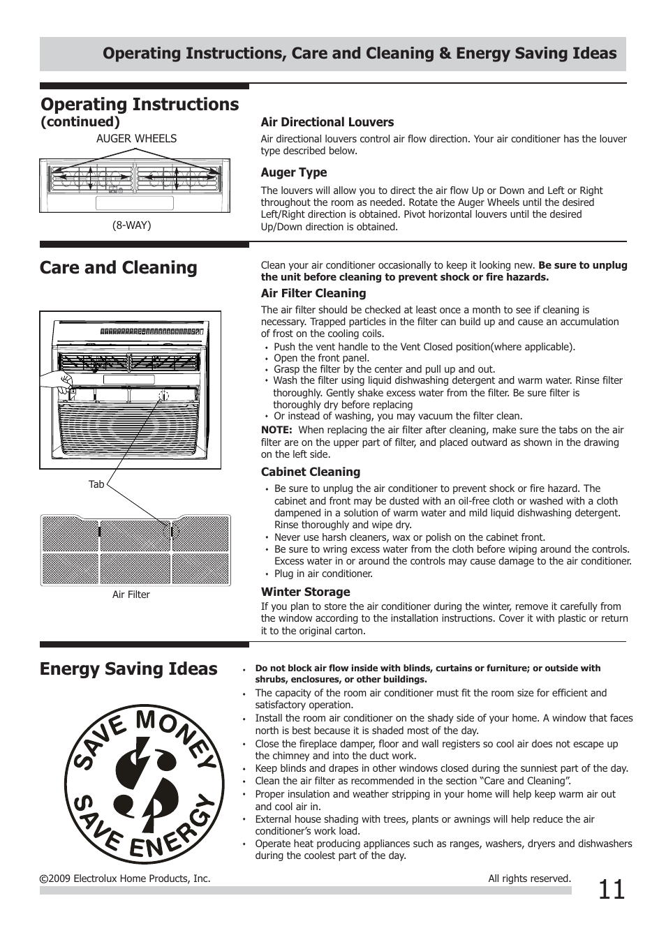 Care and cleaning, Energy saving ideas, Operating instructions | FRIGIDAIRE FRA18EMU2 User Manual | Page 11 / 13