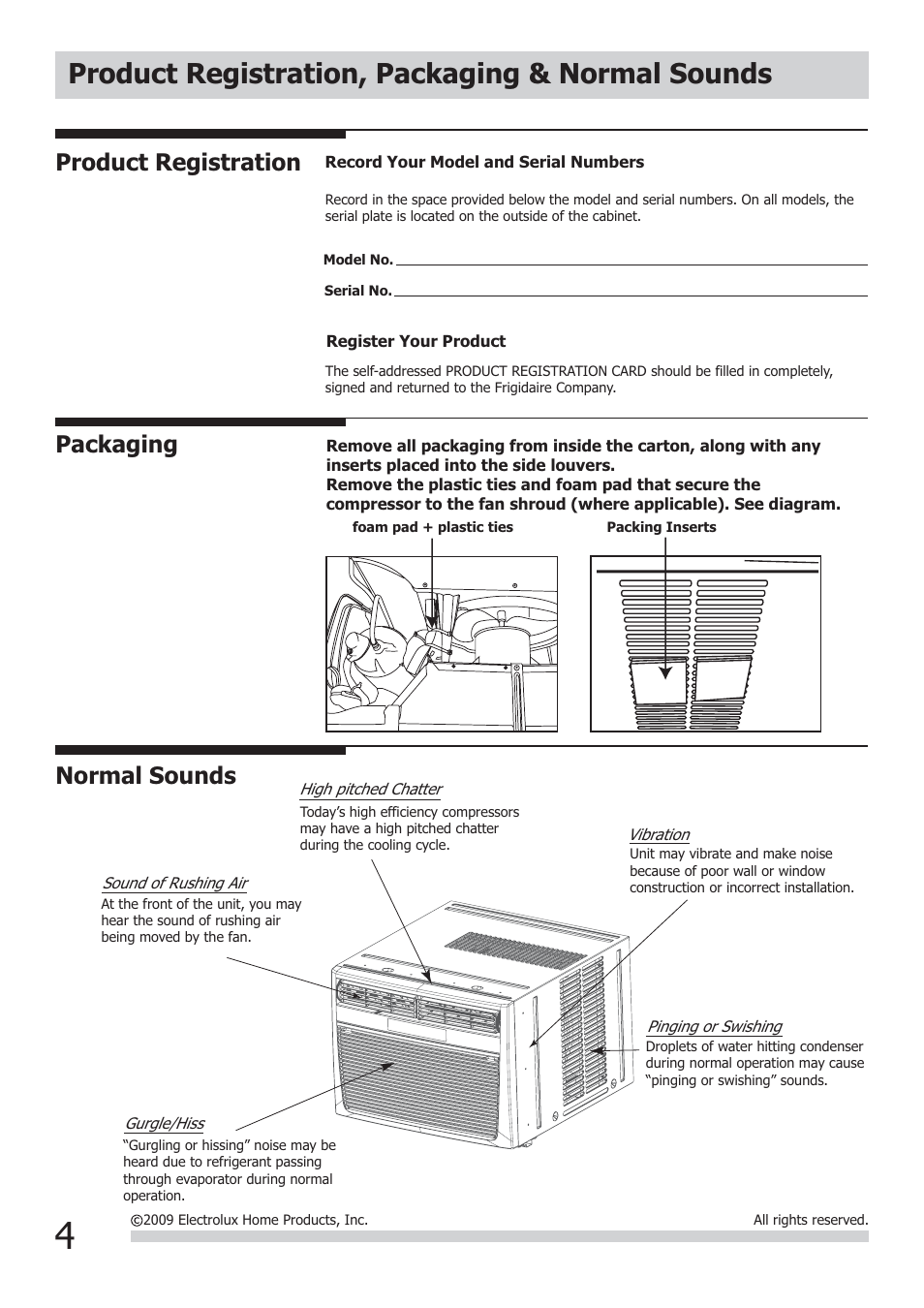 Product registration, packaging & normal sounds, Normal sounds, Product registration | Packaging | FRIGIDAIRE FRA18EMU2 User Manual | Page 4 / 13