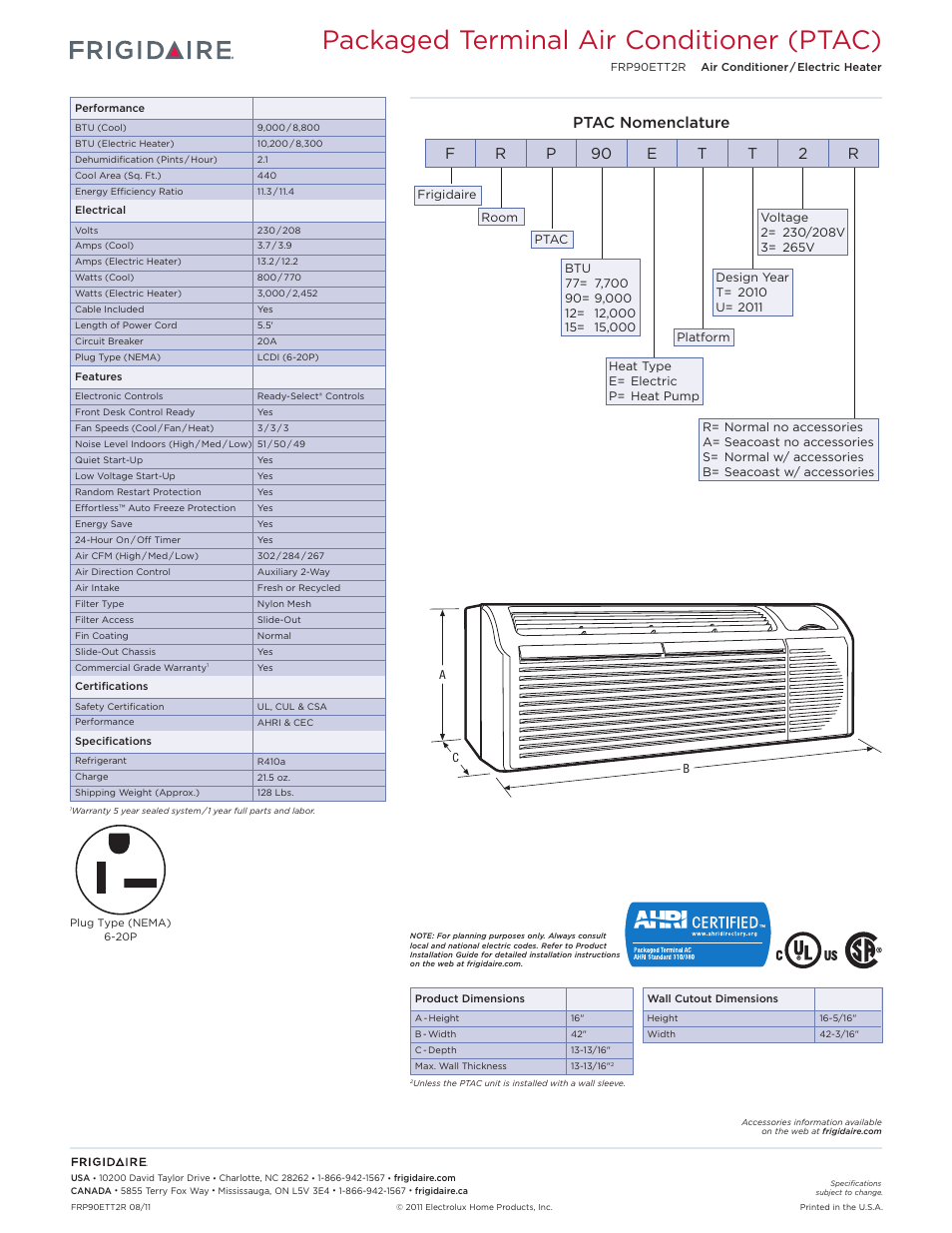 Rac p-tac models frigidaire baseline, Packaged terminal air conditioner (ptac), Fr p 90 e t t 2 r | Ptac nomenclature | FRIGIDAIRE FRP90ETT2R User Manual | Page 2 / 6