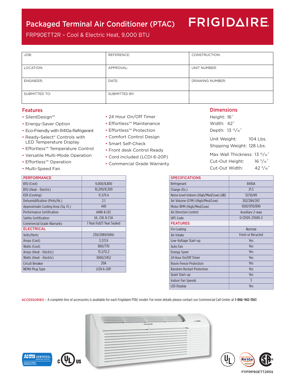 Packaged terminal air conditioner (ptac), Dimensions, Features | FRIGIDAIRE FRP90ETT2R User Manual | Page 4 / 6