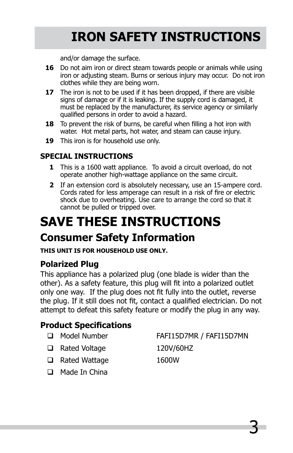 Iron safety instructions, Save these instructions, Consumer safety information | FRIGIDAIRE FAFI15D7MN User Manual | Page 3 / 10