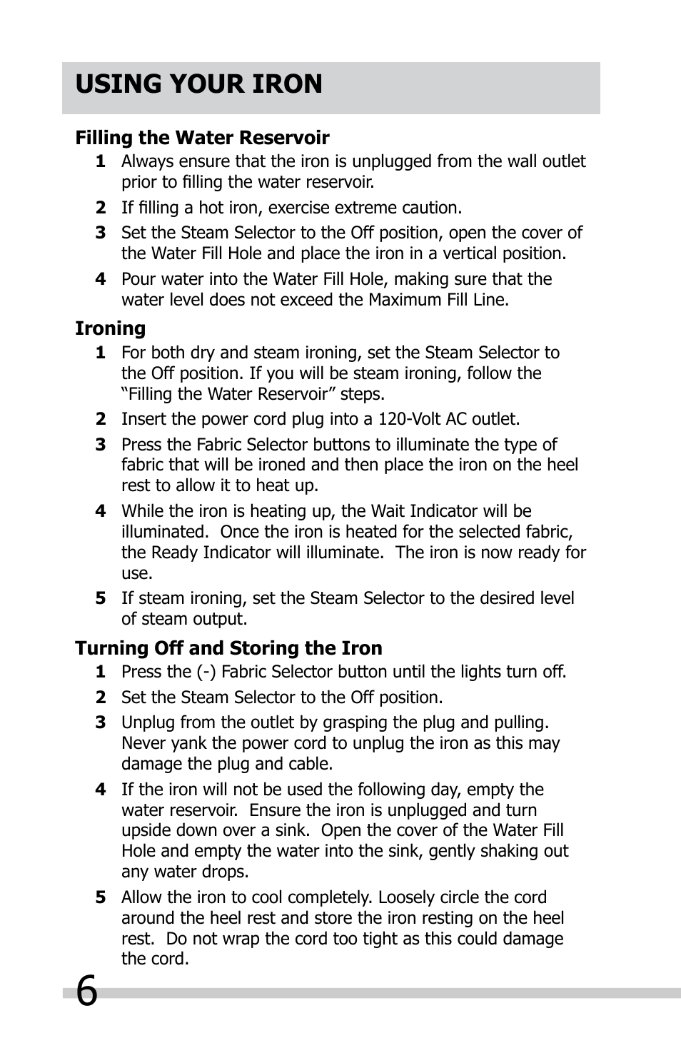 Using your iron | FRIGIDAIRE FAFI15D7MN User Manual | Page 6 / 10