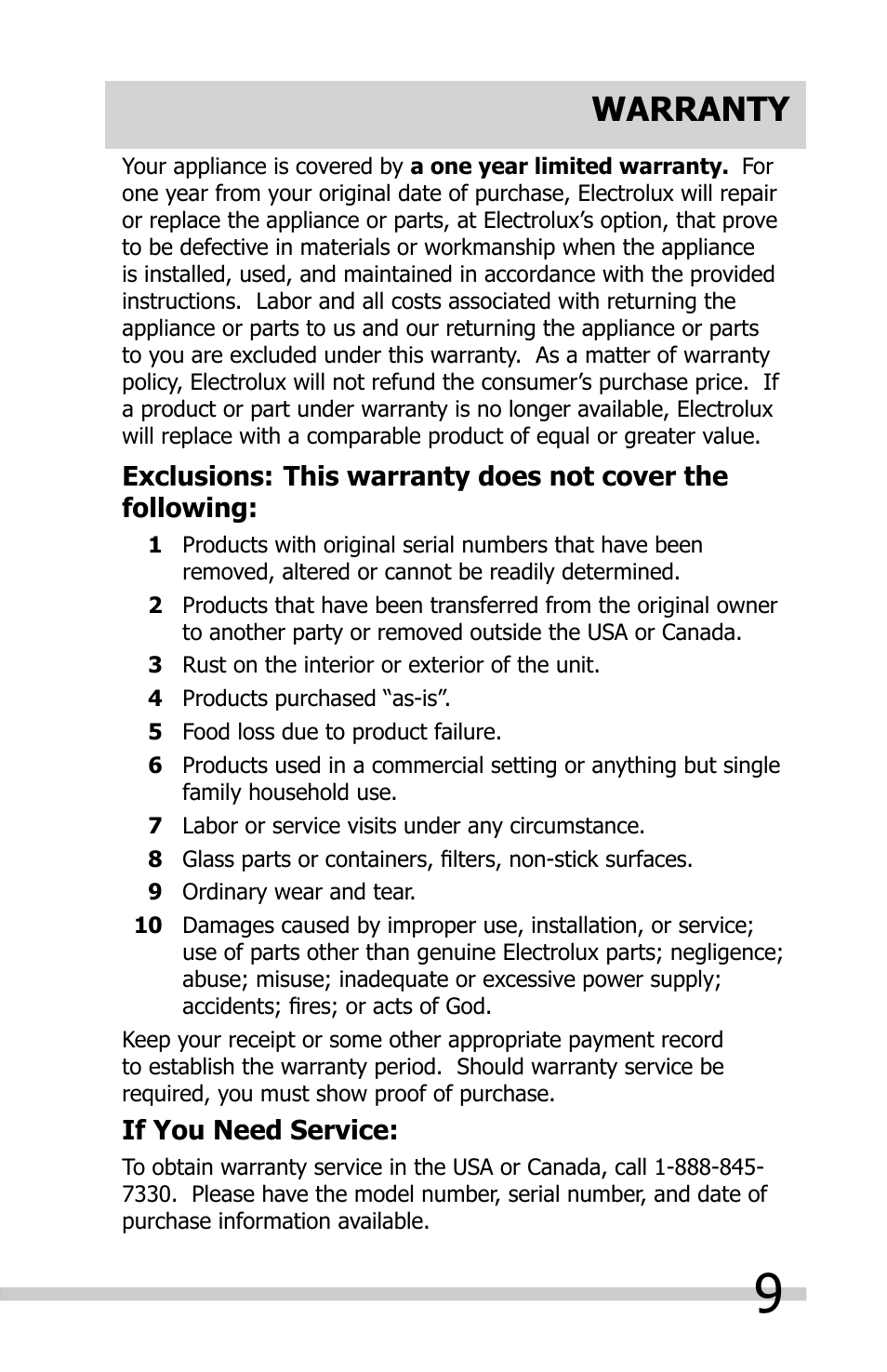 Warranty | FRIGIDAIRE FAFI15D7MN User Manual | Page 9 / 10