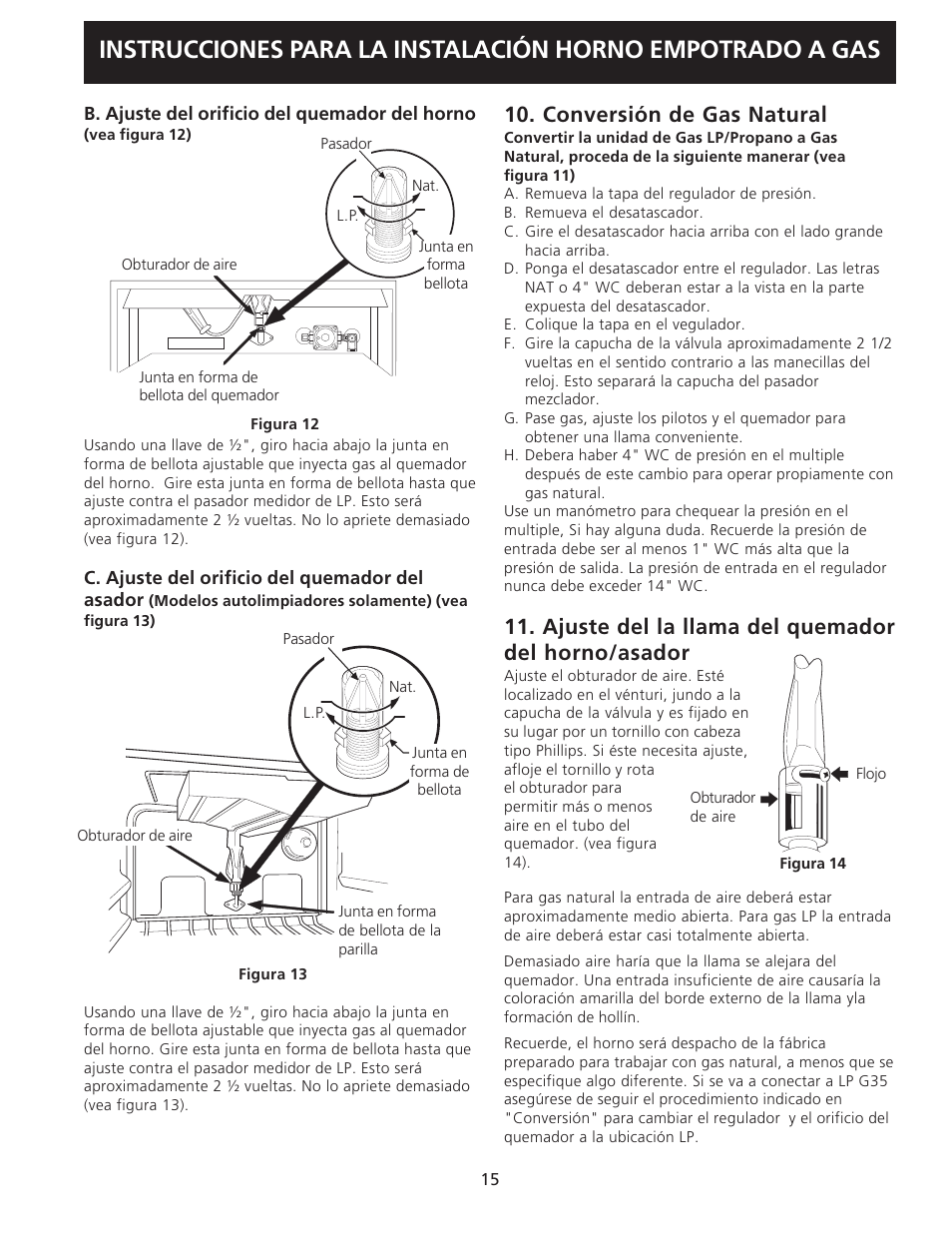 Conversión de gas natural, Ajuste del la llama del quemador del horno/asador | FRIGIDAIRE FGB24T3ES User Manual | Page 15 / 20