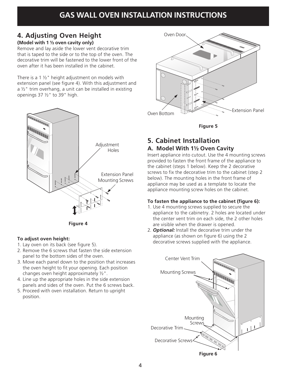 Gas wall oven installation instructions, Cabinet installation, Adjusting oven height | FRIGIDAIRE FGB24T3ES User Manual | Page 4 / 20