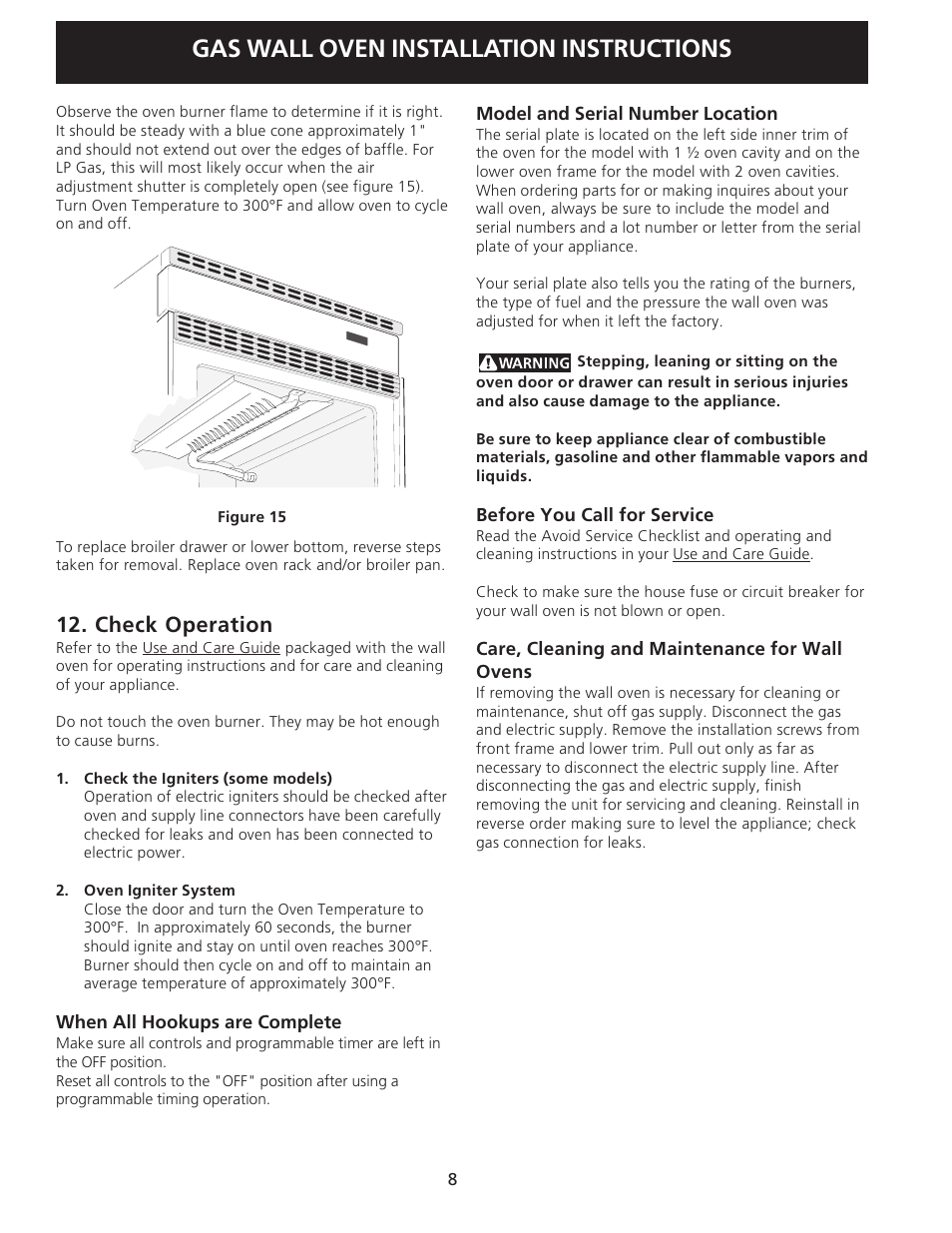 Gas wall oven installation instructions, Check operation | FRIGIDAIRE FGB24T3ES User Manual | Page 8 / 20