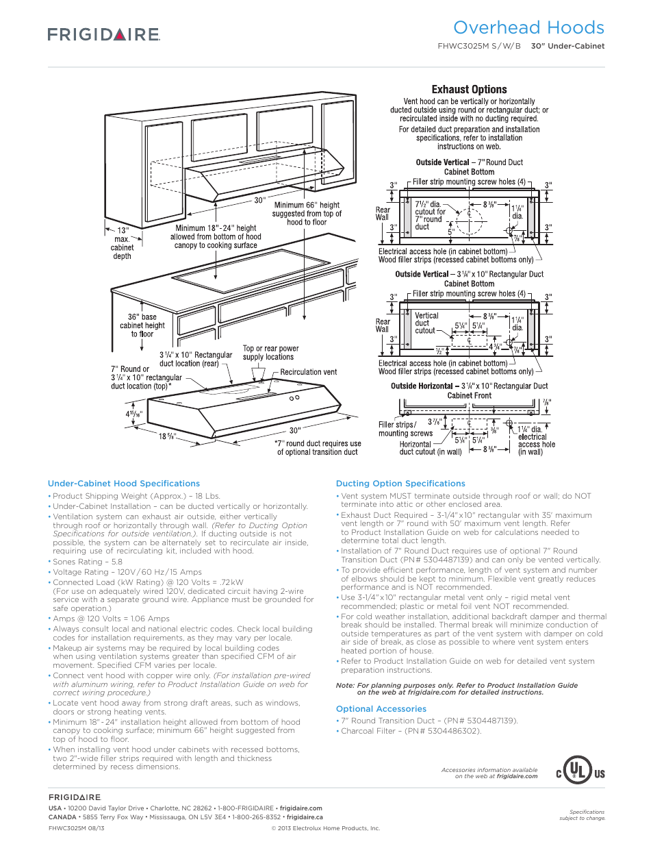 Overhead hoods | FRIGIDAIRE FHWC3025MB User Manual | Page 2 / 2