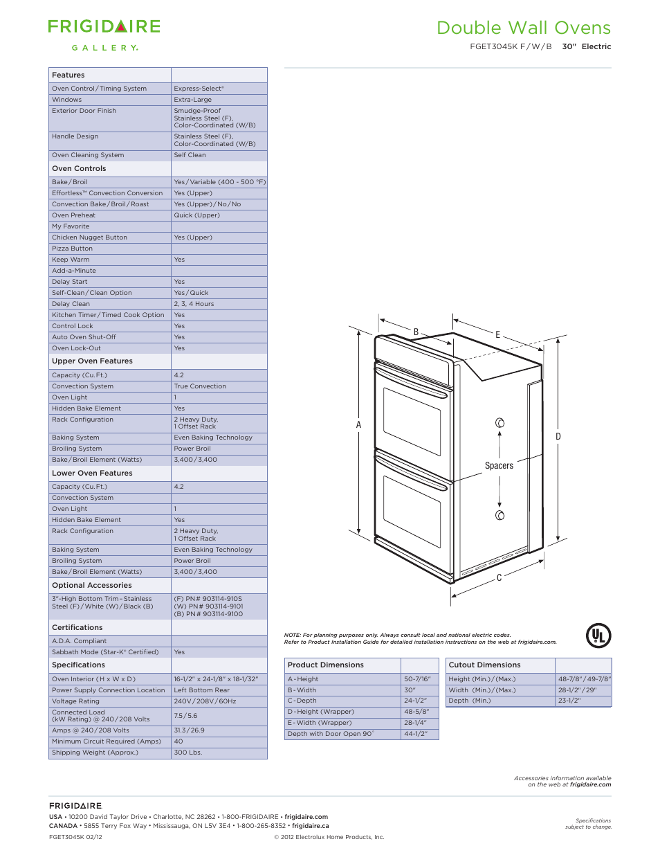 Double electric wall ovens frigidaire baseline, Double wall ovens | FRIGIDAIRE FGET3045KB User Manual | Page 2 / 6