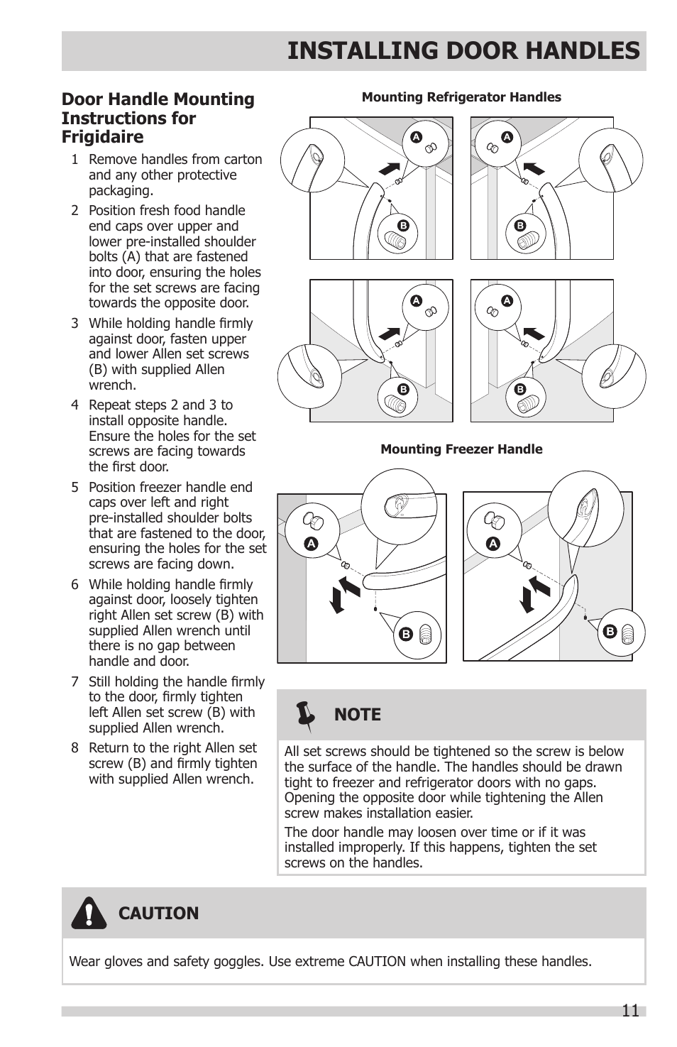 Installing door handles, Caution, Door handle mounting instructions for frigidaire | FRIGIDAIRE FGHN2866PP User Manual | Page 11 / 32