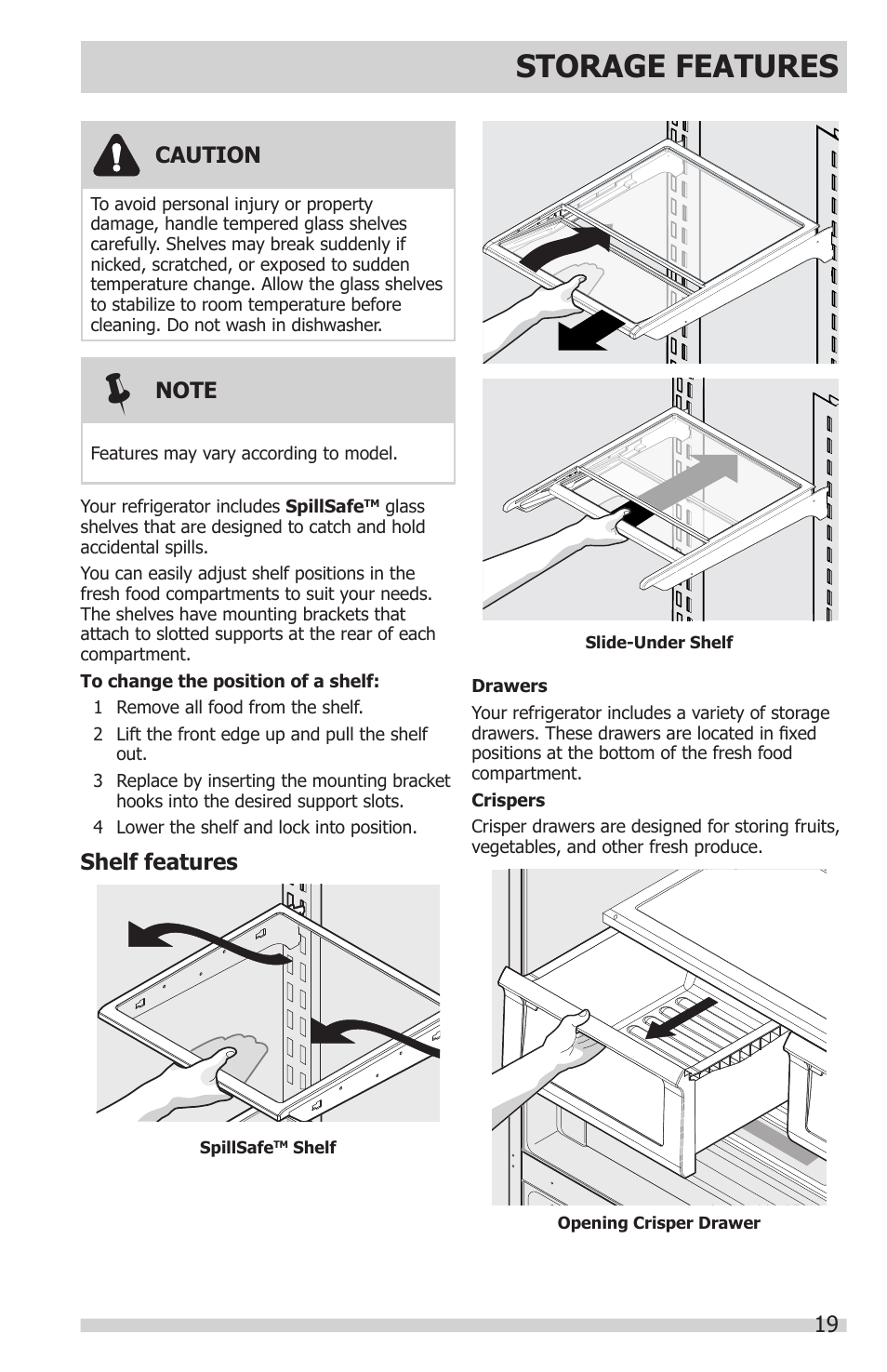 Storage features, 19 caution, Shelf features | FRIGIDAIRE FGHN2866PP User Manual | Page 19 / 32