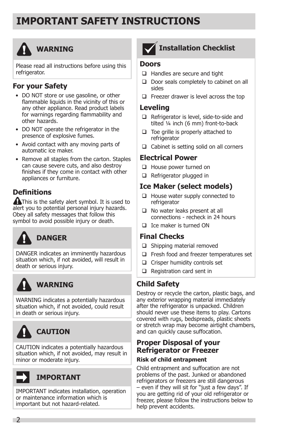 Important safety instructions, 2warning, Important | Danger, Definitions, Doors, Leveling, Electrical power, Ice maker (select models), Final checks | FRIGIDAIRE FGHN2866PP User Manual | Page 2 / 32