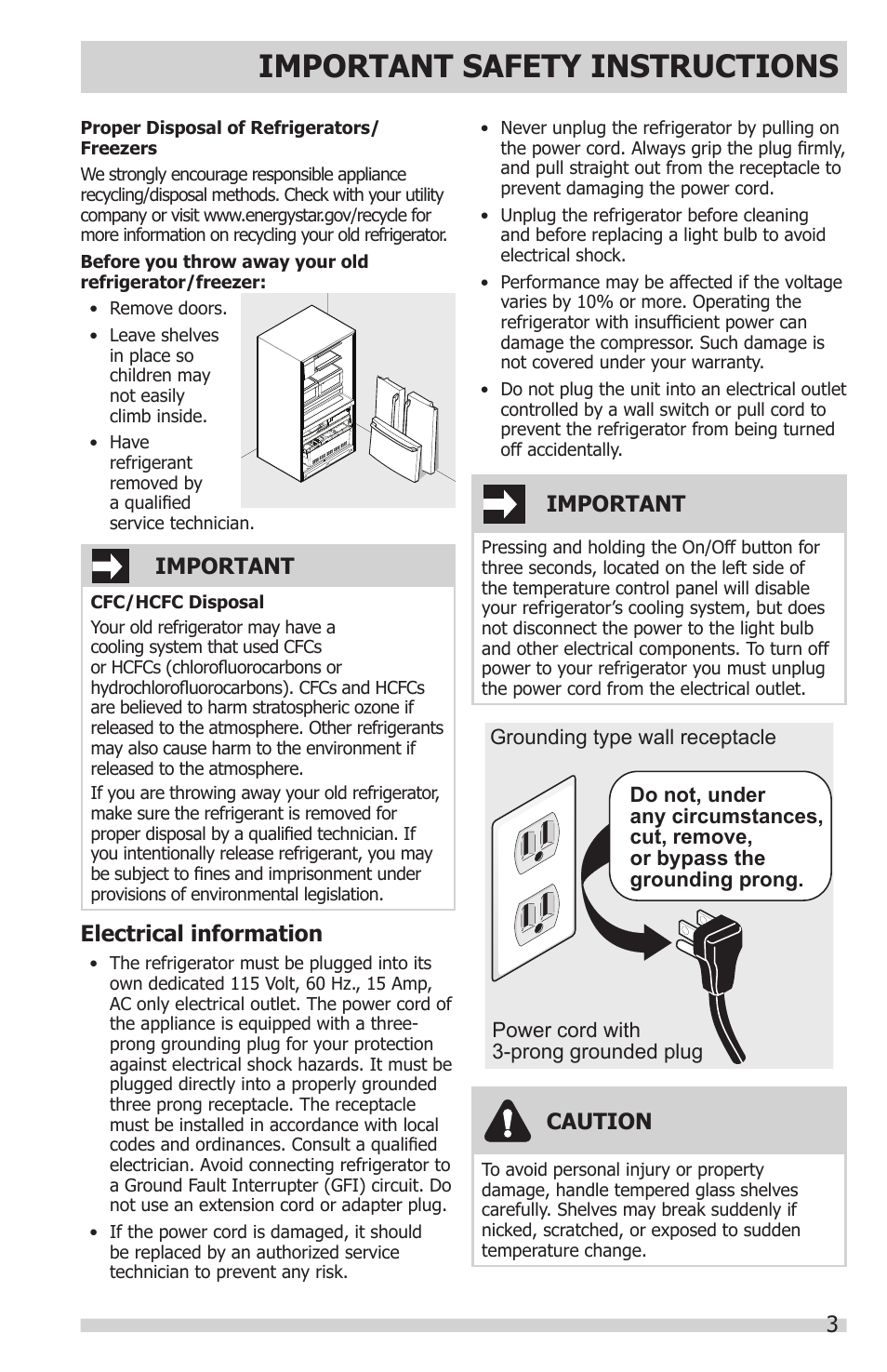 Important safety instructions, Electrical information, Important | Caution | FRIGIDAIRE FGHN2866PP User Manual | Page 3 / 32