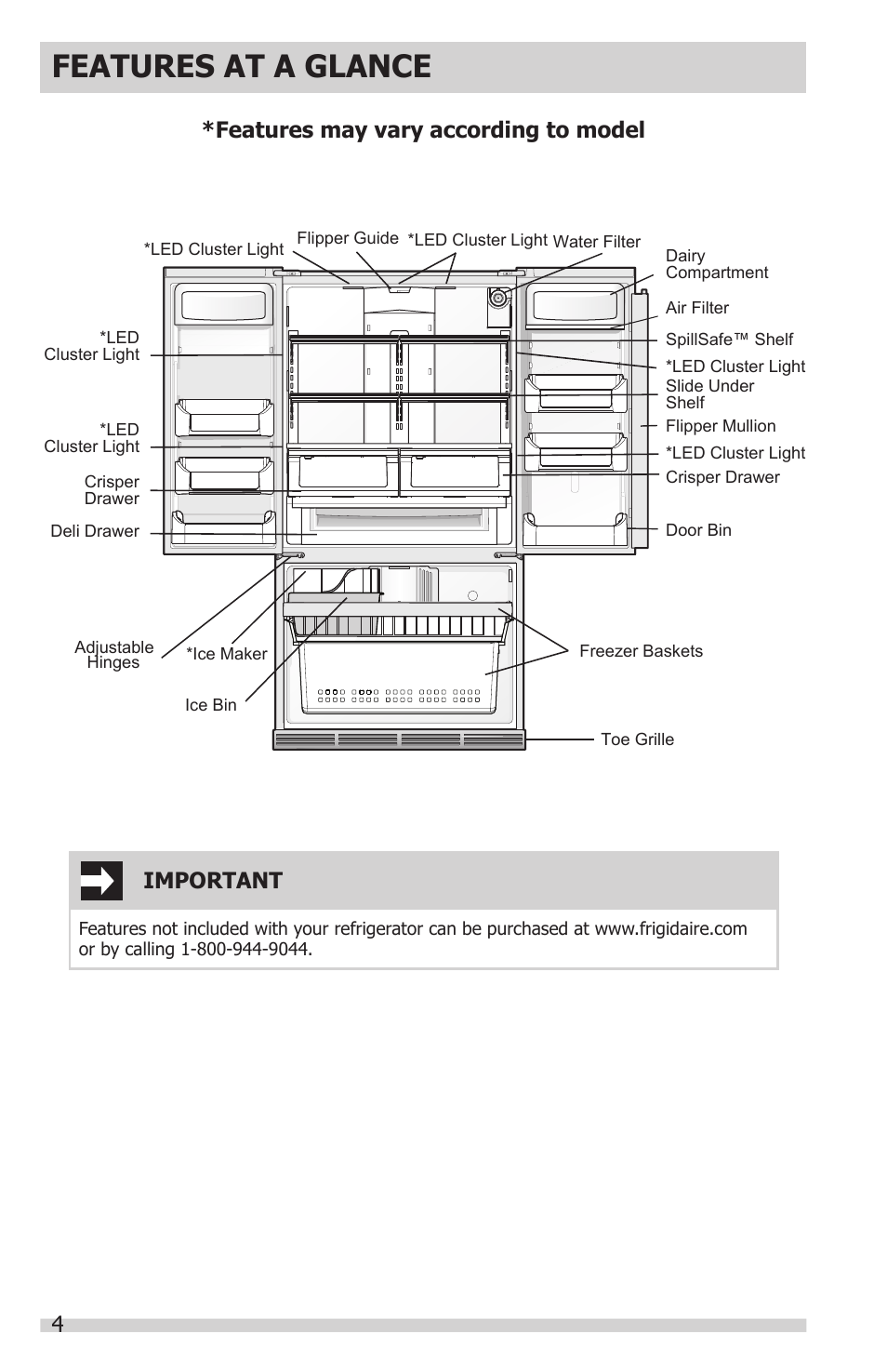 Features at a glance, Features may vary according to model, Important | FRIGIDAIRE FGHN2866PP User Manual | Page 4 / 32