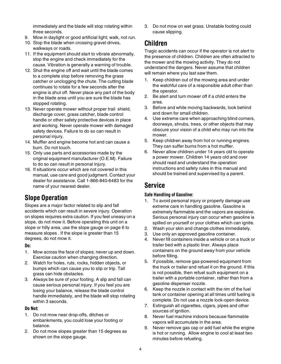 Slope operation, Children, Service | Bolens 544 User Manual | Page 4 / 18