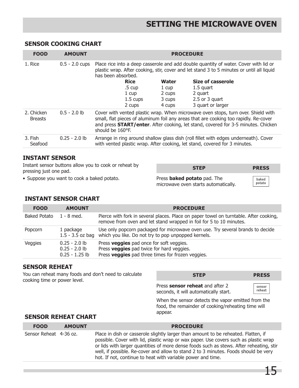 Setting the microwave oven | FRIGIDAIRE FGMC2765PB User Manual | Page 15 / 48